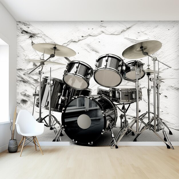 Photo drumset decoration on white wall