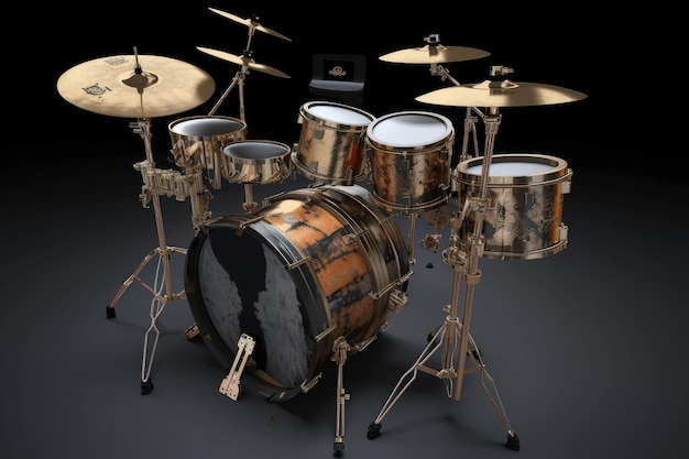 생성 AI로 생성된 맞춤형 설정 및 라운지와 같은 드럼 왕좌가 있는 드럼 세트