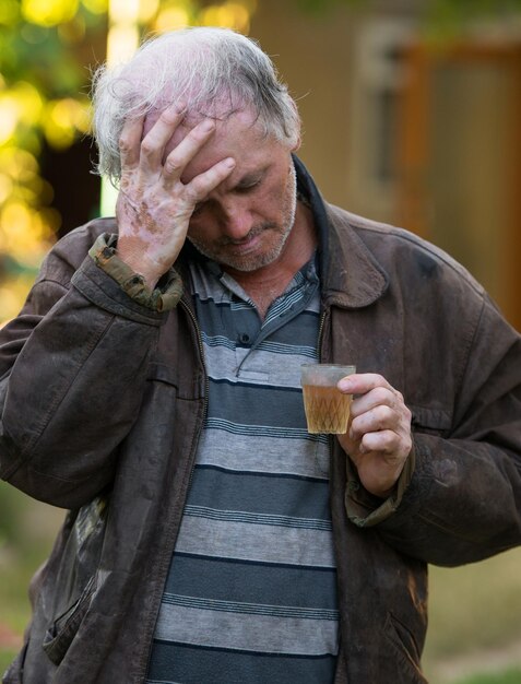 Drunk man with glass of beer on natural background