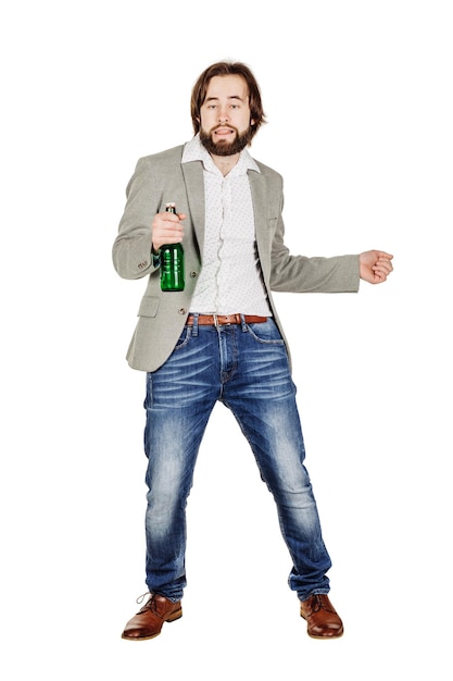 Drunk man with green bottle over a white backgroundxAxA