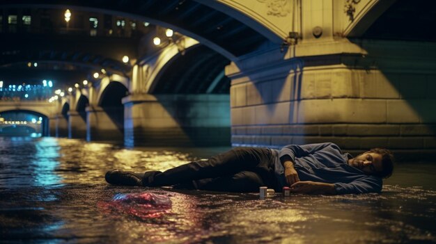 Photo drunk sleeping under paris bridge photography image ai generated art