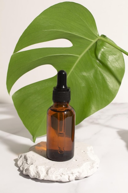 Druppelflesje met monstera palmblad Aromatische oliecontainer medische verpakkingssjabloon Kruidencosmetisch concept