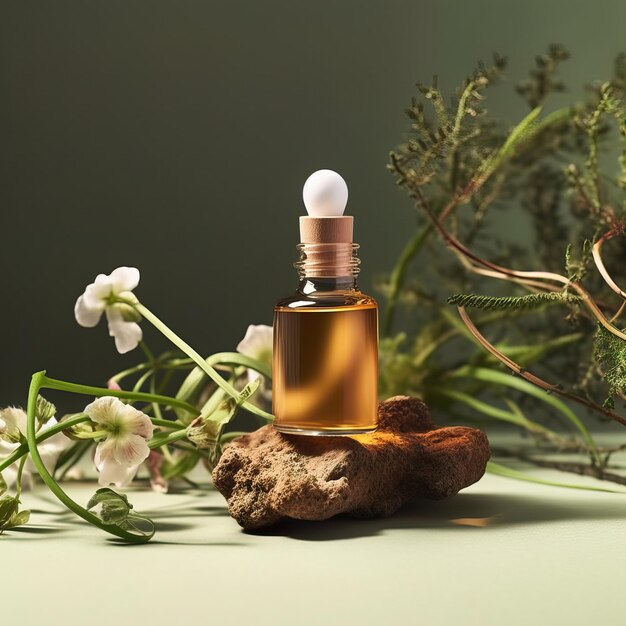 Druppelflesje stijl mockup cosmetische serum olie container sjabloon op botanische achtergrond met hout