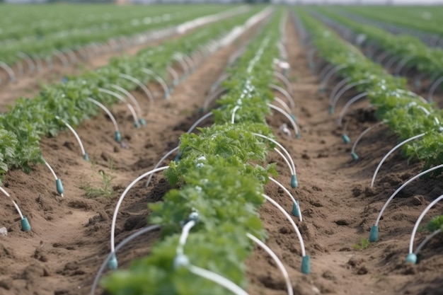 Druppelirrigatie planten in het veld close-up