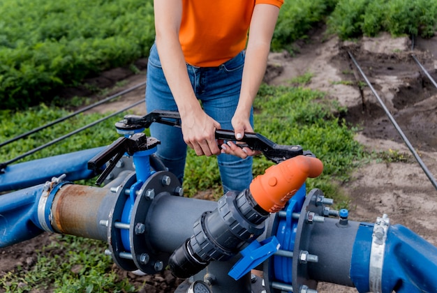 Druppelirrigatiesysteem. Waterbesparend druppelirrigatiesysteem dat wordt gebruikt op een jong wortelgebied. Werknemer opent de kraan