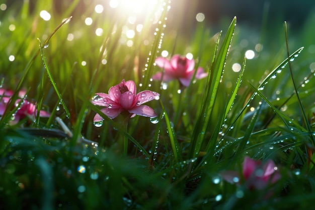 Druppels dauw op groen gras met bloemen Generatieve AI