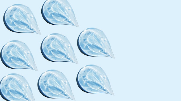 Druppels en smeersels van een doorzichtige gel of serum op een blauwe achtergrond Banner met lege ruimte voor reclame
