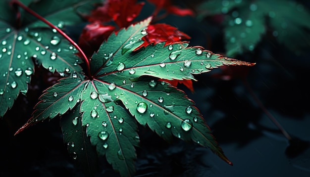 Druppels puur transparant water op de bladeren Schittering van de zon in een druppel Afbeelding in groene tinten lente zomer