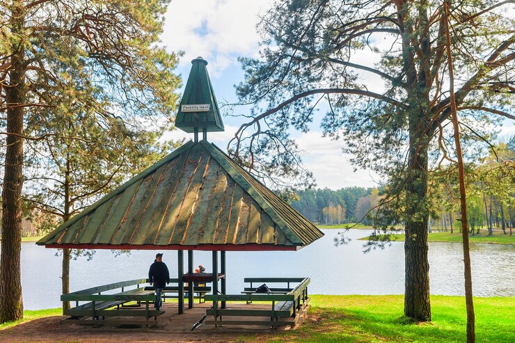 Photo druskininkai, lithuania - april 30, 2017: wooden summer house at druskonis lake and the nature in druskininkai, lithuania