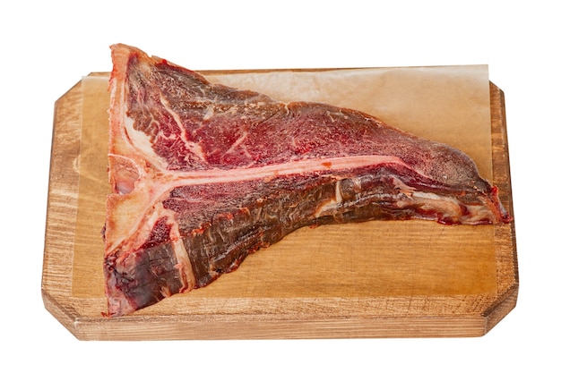 Dry aged t-bone steak, raw beef isolated on white background