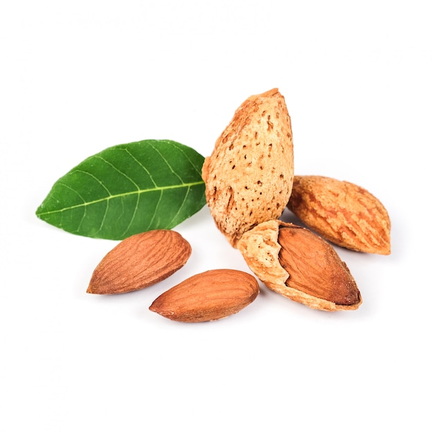 Dry Almonds nuts with shell on white background 