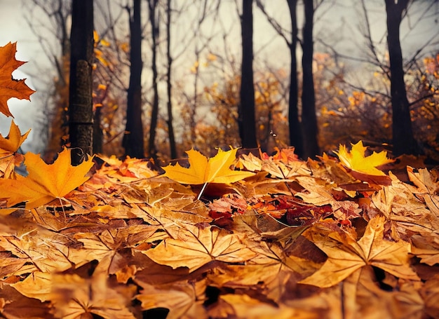 高い木々に囲まれた地面に落ちた乾いた紅葉