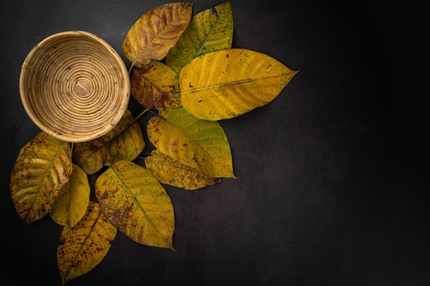 Dry autumn leaves flat lay on dark wooden background with copy space