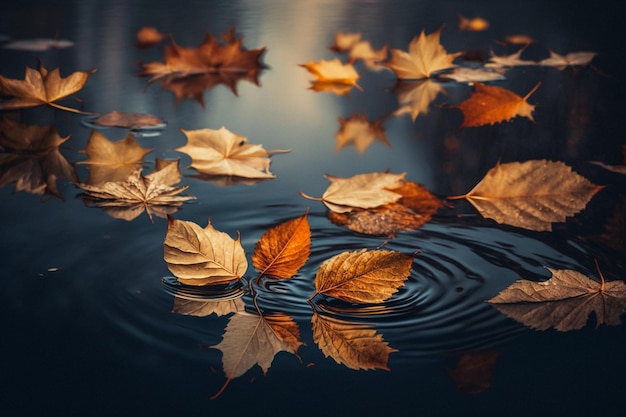 Dry autumn leaves floating on a water surface of a lake