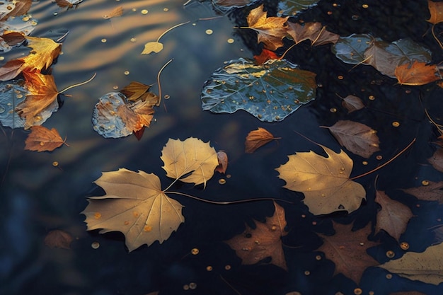 Dry autumn leaves floating on a water surface of a lake