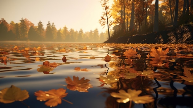 Dry autumn leaves in the water