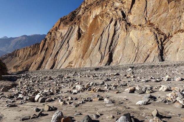 The dry bed of a mountain river in the Himalayas.