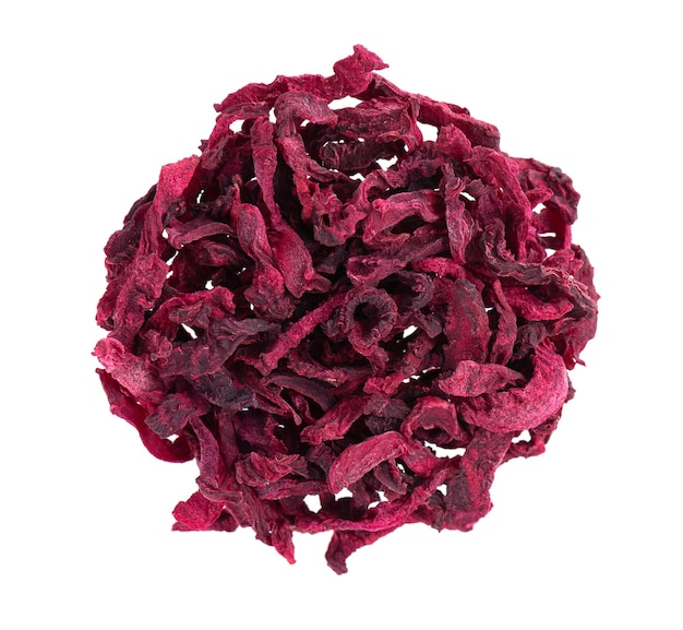 Dry beetroot isolated on the white background Chopped dried beet Top view