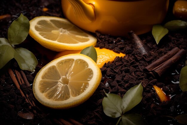 Foto tè nero secco e limoni