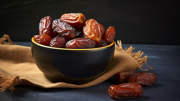 Dry brown dates in a cup on concrete background