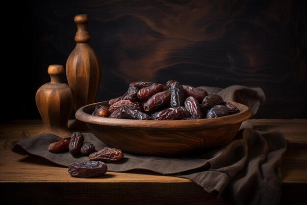 Dry brown dates in a wooden plate