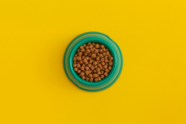 Dry cat food in bowl on yellow background