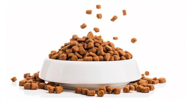 Dry cat food flies out of a bowl close up on a white background Generative Ai