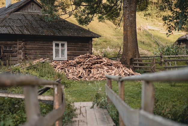 dry chopped firewood logs in a pile