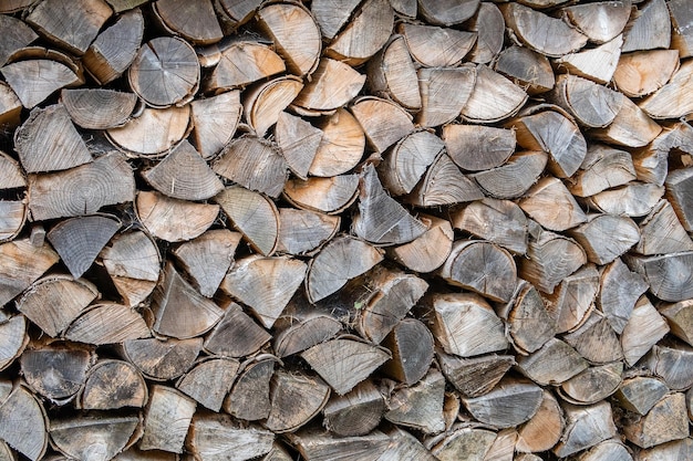 Dry chopped firewood logs in a pileClose up