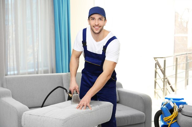Dry cleaner\'s employee removing dirt from furniture in\
flat