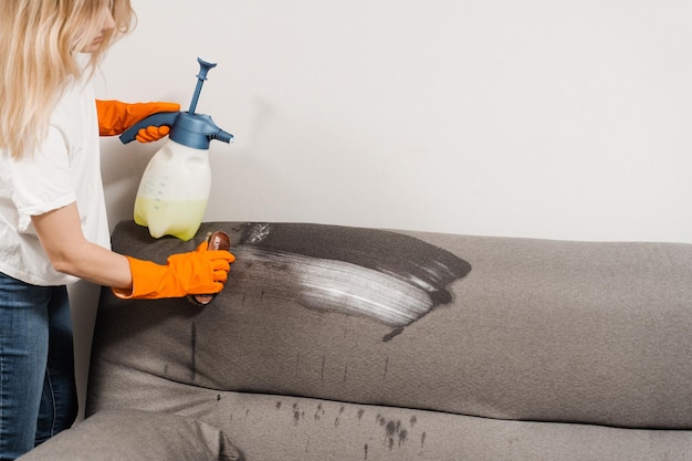 ドライ クリーニングの労働者はソファに洗剤をブラッシングし、家庭でソファから汚れや汚れを除去するためのドライ クリーニングを行っています。プロのクリーニング サービス