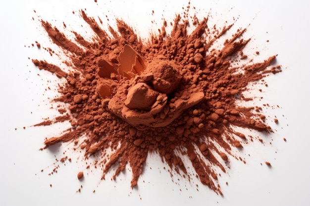 Dry cocoa powder explosion on white background