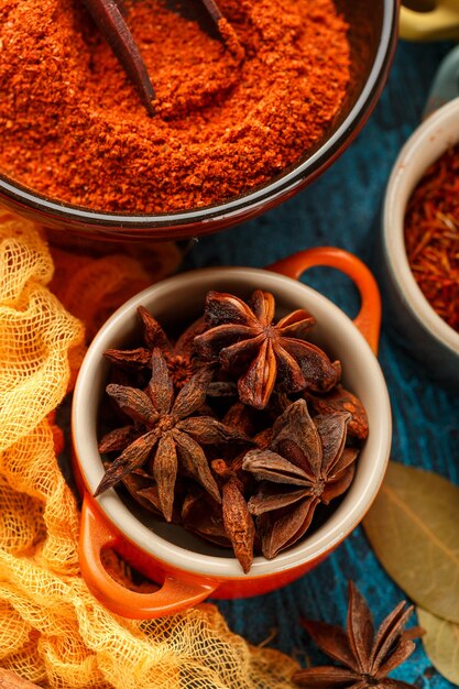 Dry colorful spices and condiments