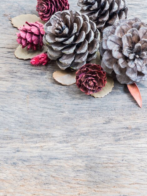 Dry cone pine on wooden background