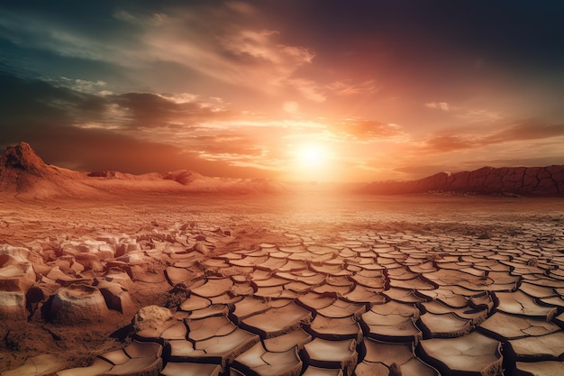 A dry cracked desert with a sunset in the background.