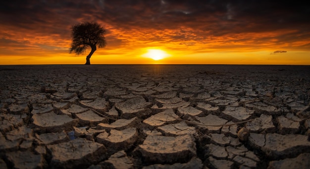 dry cracked earth in desert with death tree in sunset