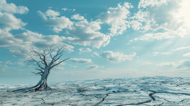 Foto terra secca rotta con albero morto e cielo sullo sfondo un concetto di riscaldamento globale