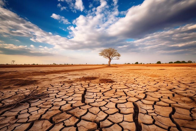 A dry cracked land with a tree in the foreground and a blue sky with clouds in the background.