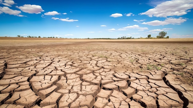 A dry and cracked landscape with a blue sky and clouds.