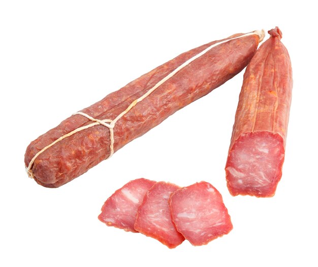 Dry-cured pork Sausage, smoked meat, isolated. Squared shape.