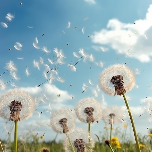 Dry dandelion flowers and flying fluff seeds against the blue sky beautiful romantic floral