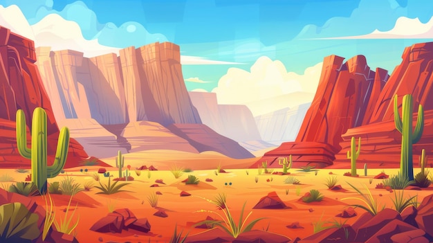 A dry desert landscape with red rocks cliffs and cacti in Arizona Cartoon modern illustration of sandy landscape with canyons and wild cacti and grass