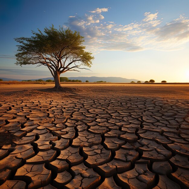 a dry desert with a tree in the middle of it