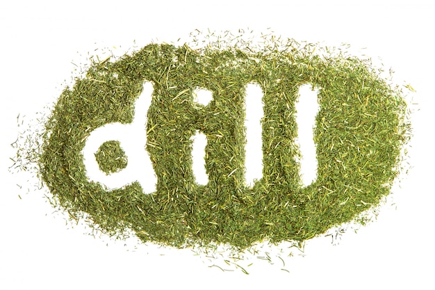 Dry dill on a white isolated background. Seasoning. Flat lay. The inscription dill.