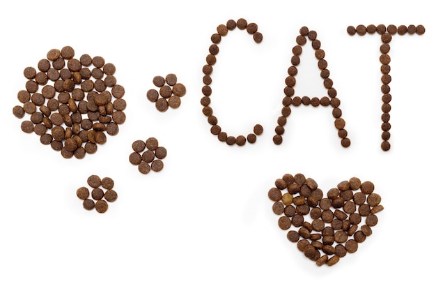 Dry dog food in the shape of a heart, a cat's paw and letters CAT, isolated on a white background. Heart shaped pet food. Healthy food concept for pets.