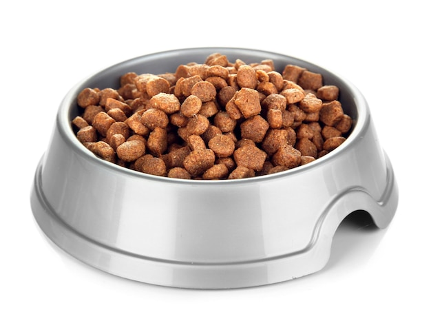 Dry dog treats in bowl isolated on white