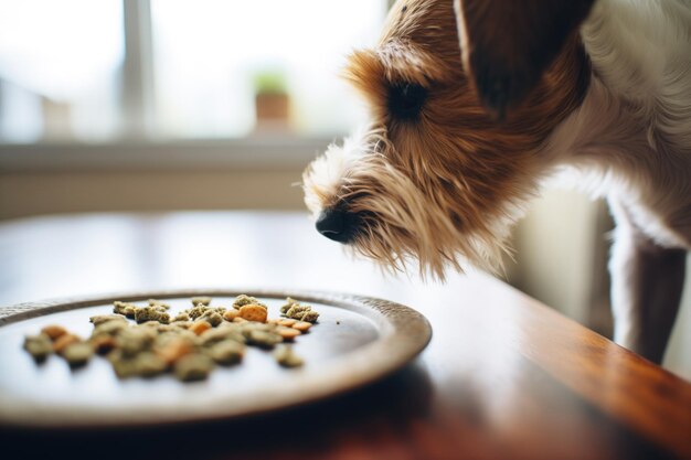 Photo dry dog treats on a plate with a dog sniffing them