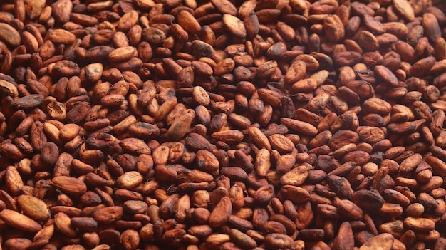 dry fermented cocoa beans that are ready to be processed into chocolate. a collection of fresh cocoa