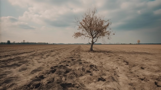 a dry field and a tree in it in cloudy and dry weather