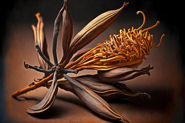 Dry flower and pod of dry vanilla beans